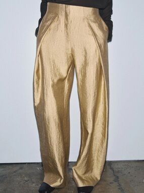 Zara Gold Metallic Satin Effect Pleated Wide Leg Pants NWT Size Small 💚
